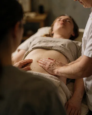 Un thérapeute effectue un massage abdominal sur une cliente allongée dans une pièce aux lumières chaudes et à l'ambiance relaxante.