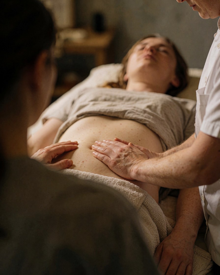 Un thérapeute effectue un massage abdominal sur une cliente allongée dans une pièce aux lumières chaudes et à l'ambiance relaxante.