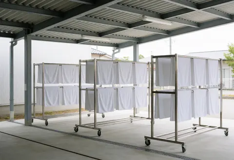Des racks blancs en microfibre pour le séchage des serviettes, placés sous un toit en tôle ondulée avec un sol en béton et une lumière naturelle diffuse.