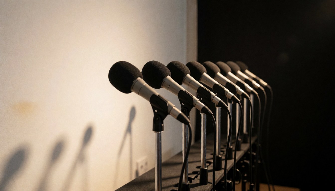 Microphones dynamiques montés sur des pieds métalliques, prêts pour des événements professionnels. Fond blanc et éclairage chaud créent une ambiance dramatique.