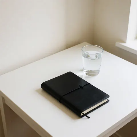 Cahier noir et verre d'eau posés sur une table blanche dans une pièce aux murs blancs et à la lumière naturelle, idéal pour un service d'hypnothérapie.