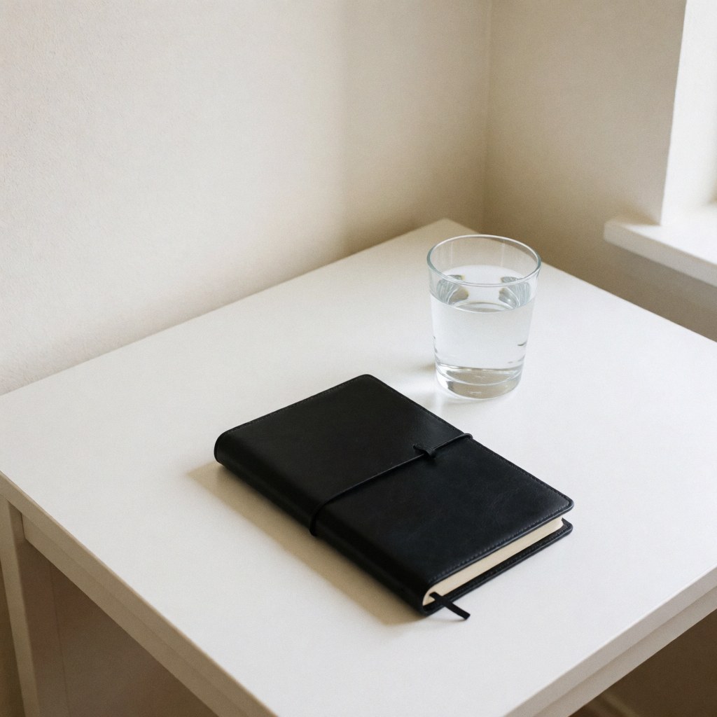Cahier noir et verre d'eau posés sur une table blanche dans une pièce aux murs blancs et à la lumière naturelle, idéal pour un service d'hypnothérapie.