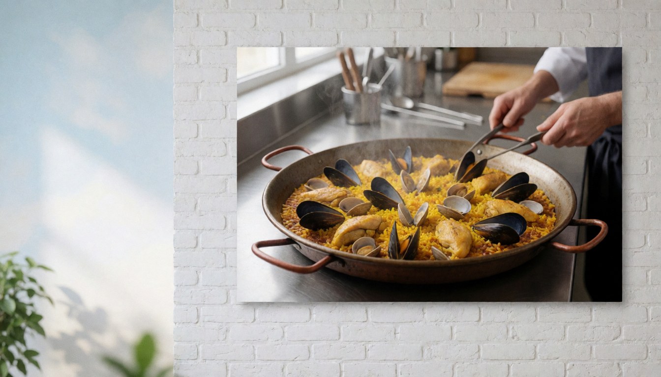 Paella aux fruits de mer et poulet servie dans une cocotte en cuivre sur une cuisine avec mur en briques blanches et lumière naturelle, idéale pour un atelier de cuisine.