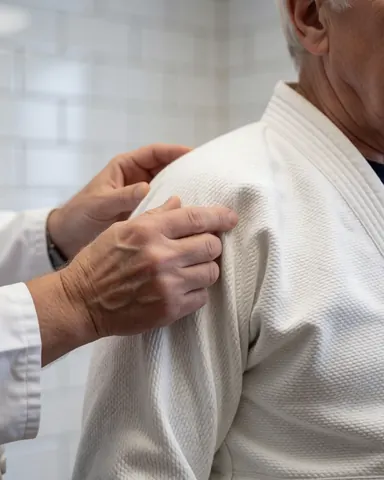 Un instructeur d'arts martiaux ajuste la position de l'épaule d'un étudiant portant un gi blanc dans un dojo aux murs carrelés blancs.