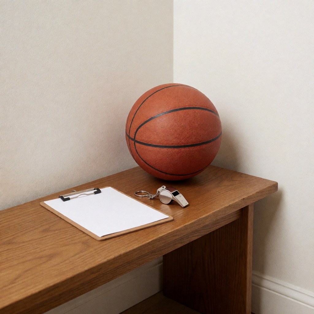 Sifflet, ballon de basket et tableau avec papier posés sur une table en bois devant un mur blanc chaud, idéal pour un entraîneur de basket.