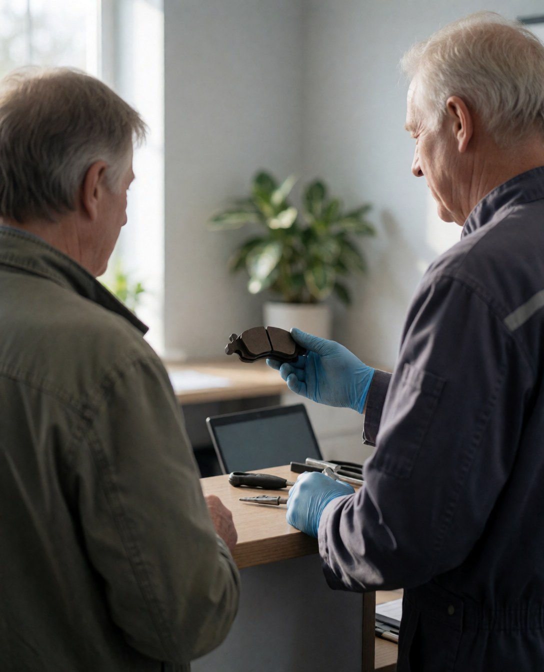 Un mécanicien aux gants bleus montre un disque de frein à un client dans un bureau lumineux avec des plantes.