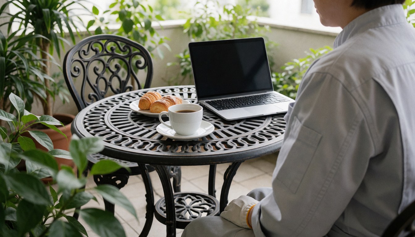Une personne travaille sur une terrasse avec une table en fer forgé, un ordinateur portable, une tasse de café et des pâtisseries, idéal pour une maison d'hôtes.