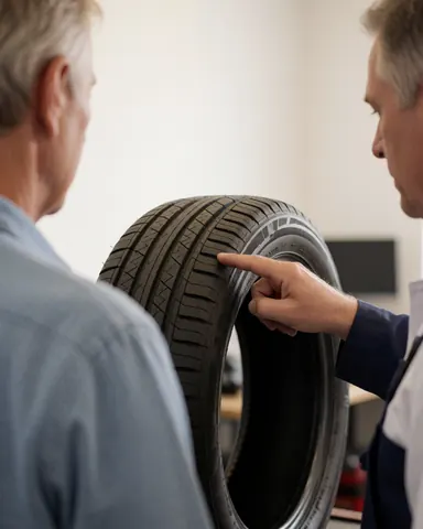 Un mécanicien en atelier moto indique la sculpture d'un pneu neuf à un client lors d'une inspection.