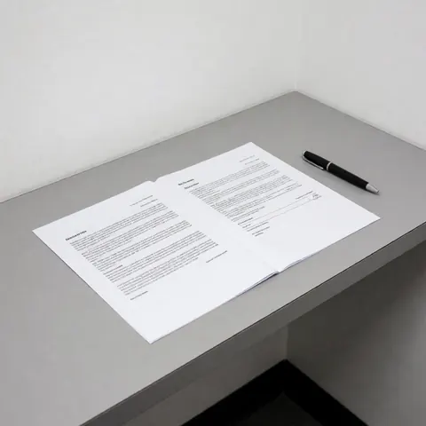 Contrat de location ouvert sur une table grise, accompagné d'un crayon noir, dans un bureau aux murs blancs et à l'éclairage fluorescent.
