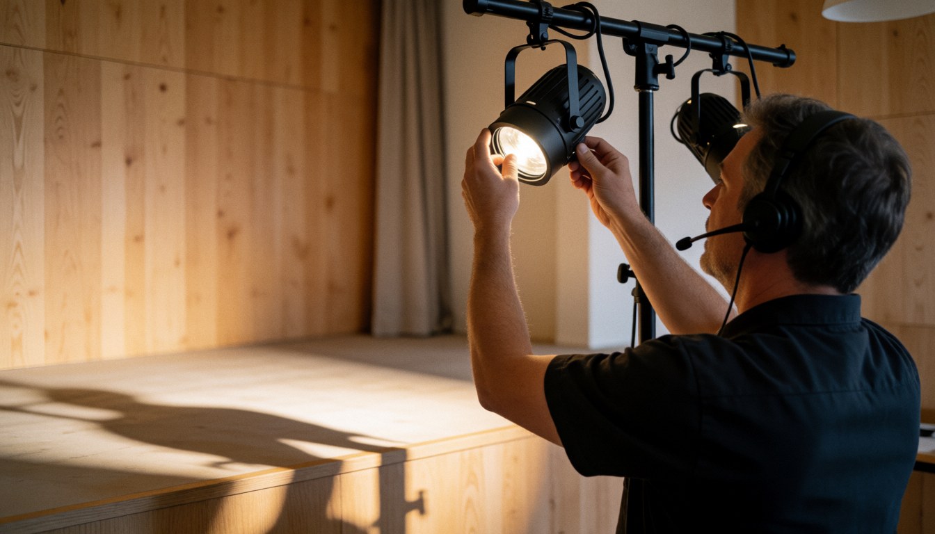 Un technicien ajuste un projecteur de scène sur un plateau avec des murs en bois et des rideaux.