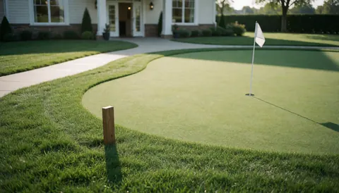 Vue d'un green de golf avec un drapeau blanc et un marqueur en bois, un chemin pavé et l'entrée du clubhouse en arrière-plan, idéal pour une page d'accueil de site web.