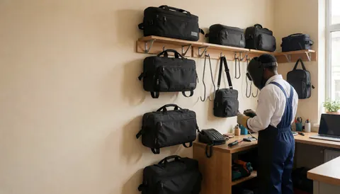 Atelier de réparation de vélos avec des sacs à outils suspendus sur un mur beige, un technicien travaille à une table sous lumière naturelle.
