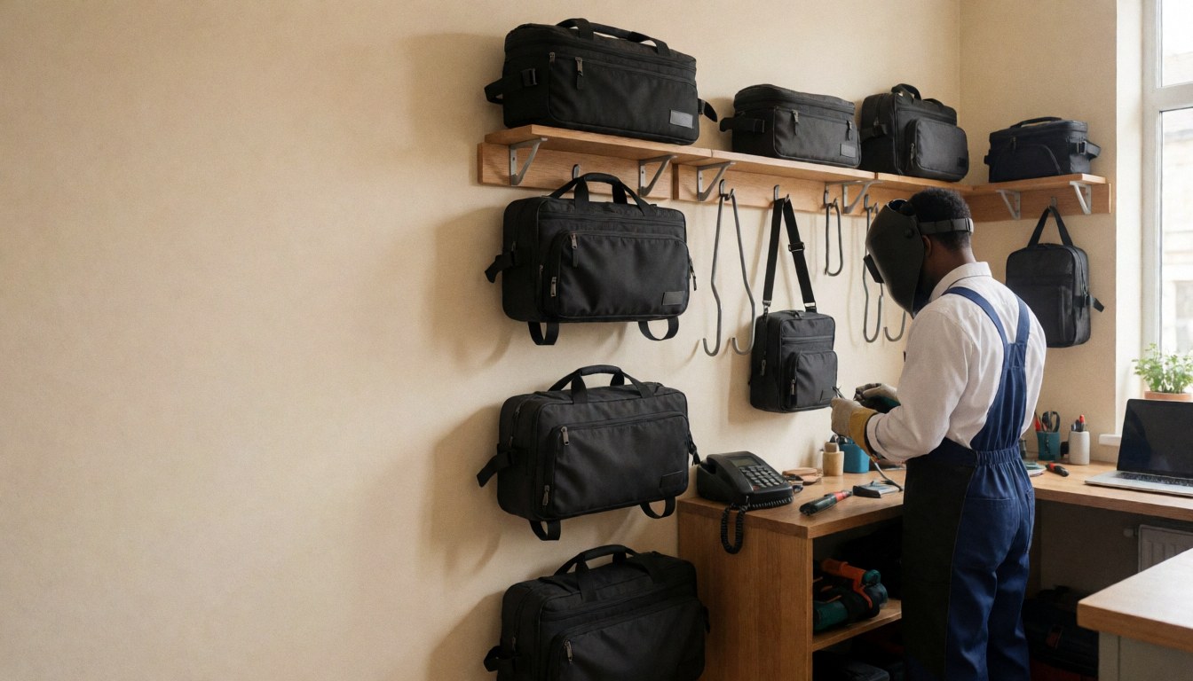 Atelier de réparation de vélos avec des sacs à outils suspendus sur un mur beige, un technicien travaille à une table sous lumière naturelle.