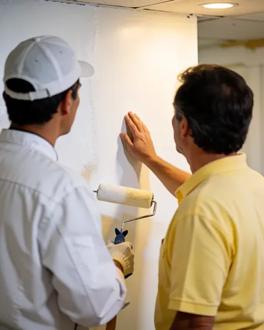Un peintre avec un rouleau et un client en chemise jaune examinent un mur blanc fraîchement peint dans un cadre professionnel.