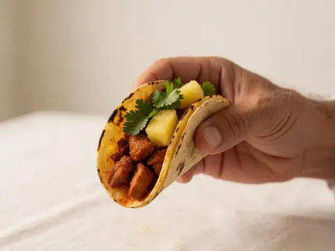 Main tenant un taco al pastor garni d'ananas et de coriandre sur une table blanche, adapté à un contexte de resort touristique.