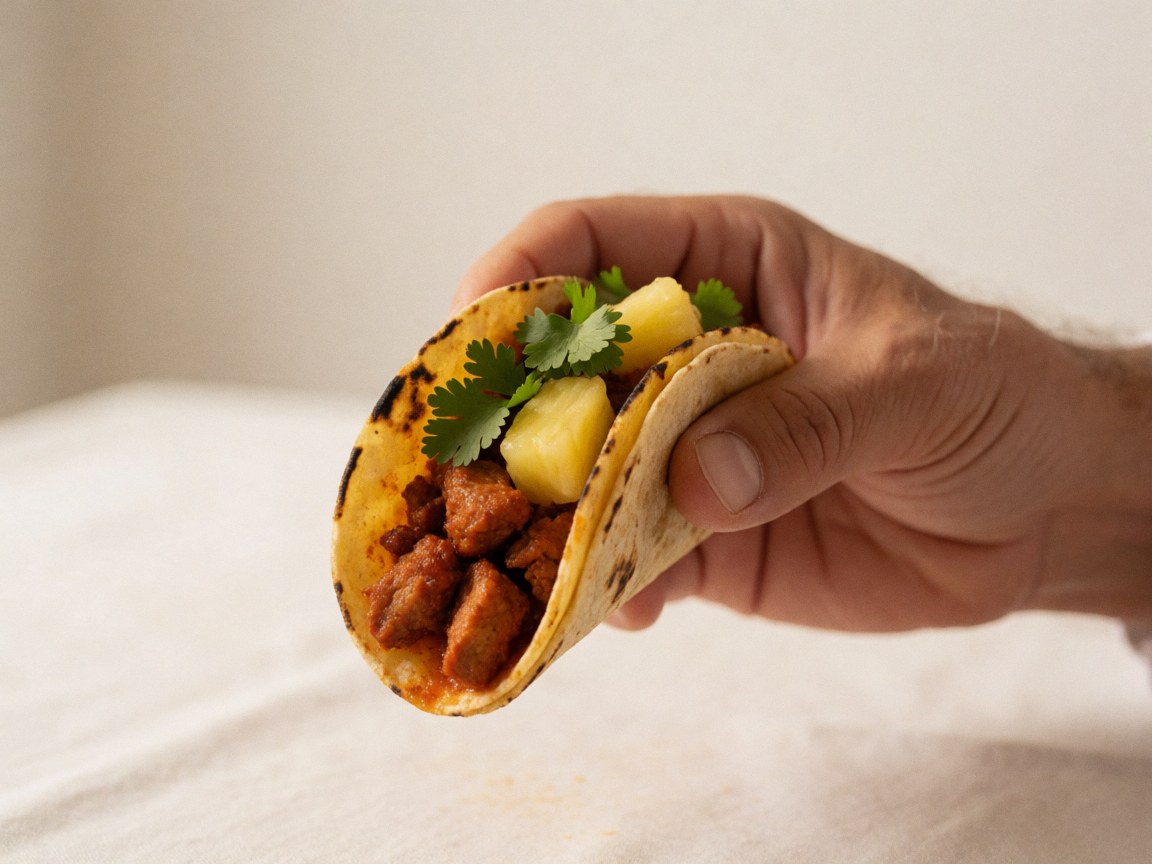 Main tenant un taco al pastor garni d'ananas et de coriandre sur une table blanche, adapté à un contexte de resort touristique.