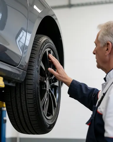 Un mécanicien examine un pneu d'une voiture surélevée dans un atelier professionnel aux murs blancs et à l'éclairage industriel.