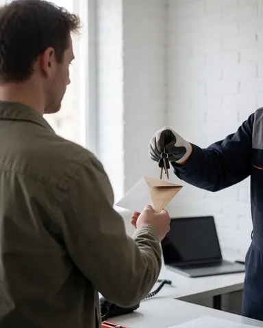 Un serrurier en gants remet des clés et une enveloppe à un client dans un atelier avec un mur en briques blanches, service terminé.