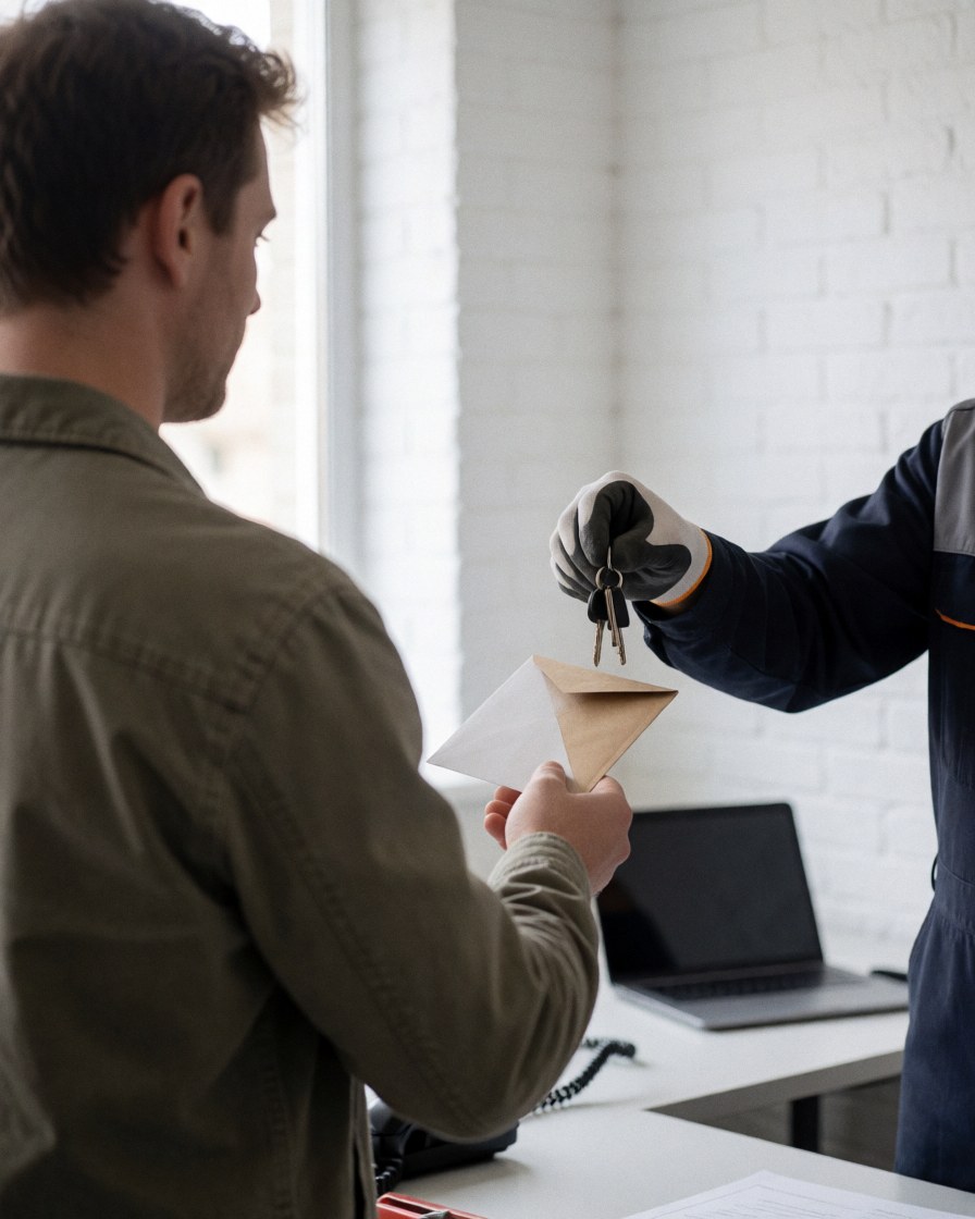 Un serrurier en gants remet des clés et une enveloppe à un client dans un atelier avec un mur en briques blanches, service terminé.