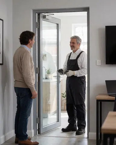 Un technicien en uniforme installe une porte vitrée dans une maison moderne tandis qu'un client observe le travail dans un intérieur bien éclairé et ordonné.