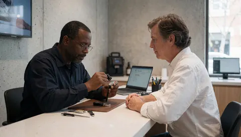 Un horloger professionnel utilise une loupe pour inspecter une montre pendant qu'un client observe attentivement dans un atelier moderne.