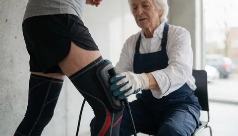 Entraîneur d'athlétisme applique des manchons de compression sur la jambe d'un athlète dans un centre d'entraînement aux murs en béton.