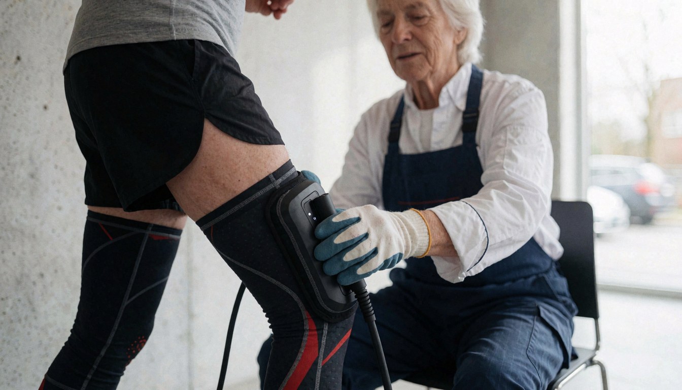 Entraîneur d'athlétisme applique des manchons de compression sur la jambe d'un athlète dans un centre d'entraînement aux murs en béton.