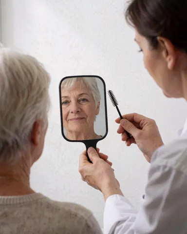 Un spécialiste applique un traitement des sourcils sur une cliente âgée, tenant un miroir, avec un mur blanc en arrière-plan et une expression satisfaite.