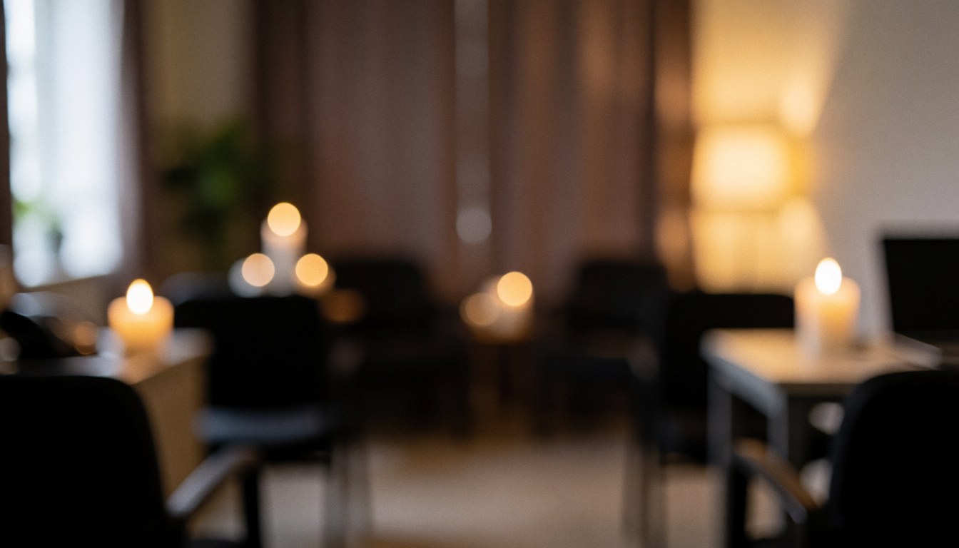 Arrière-plan flou d'une salle de veillée avec bougies, chaises et rideaux, éclairage chaleureux et respectueux adapté aux textes.