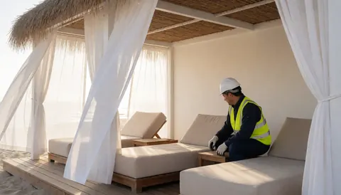 Un travailleur portant un casque et un gilet jaune ajuste des meubles dans une cabane de plage avec des rideaux blancs et une lumière matinale.