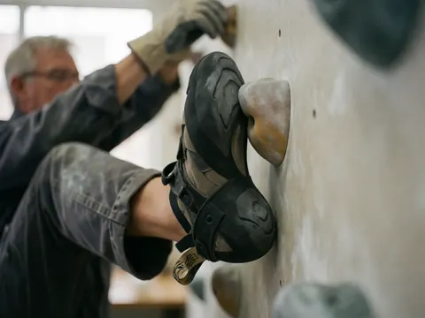 Chaussure d'escalade à semelle usée sur prise de mur, main gantée et jambe tendue lors d'un entraînement.