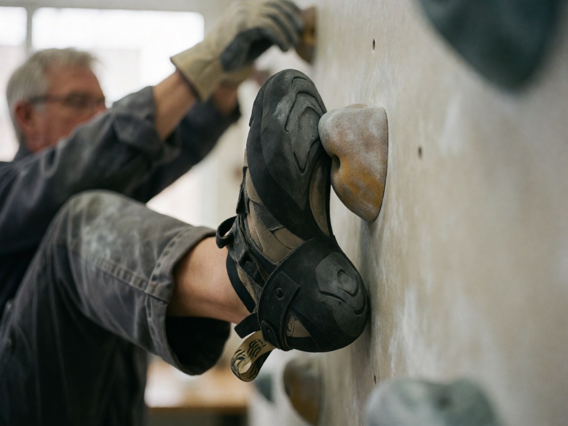 Chaussure d'escalade à semelle usée sur prise de mur, main gantée et jambe tendue lors d'un entraînement.