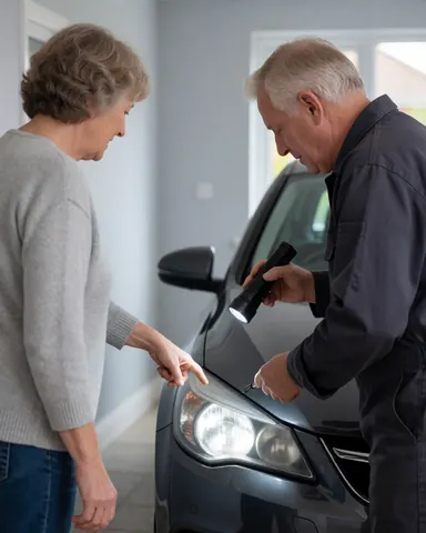 Un client pointe du doigt un phare automobile restauré tandis qu'un technicien l'éclaire avec une lampe de poche dans un garage domestique.