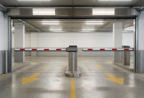 Vue de l'entrée d'un parking avec des barrières métalliques levées et des flèches jaunes peintes sur le sol en béton.