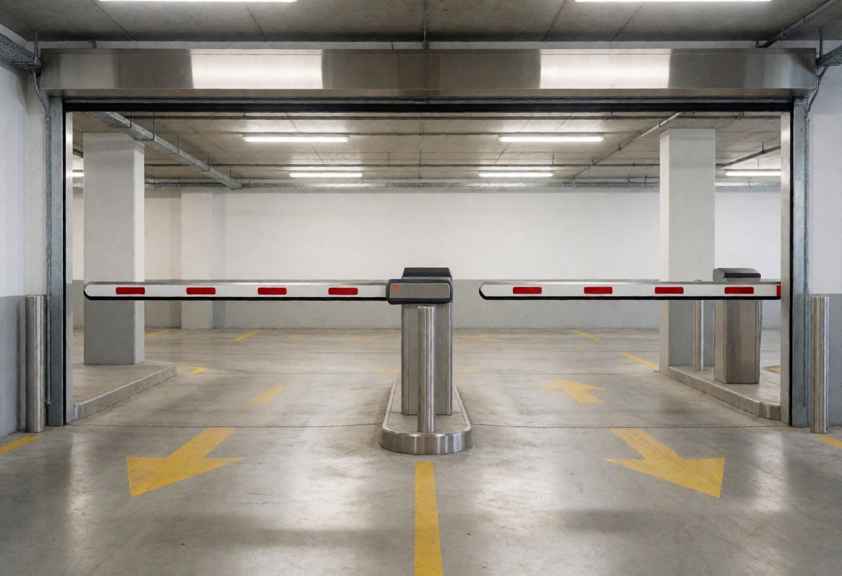Vue de l'entrée d'un parking avec des barrières métalliques levées et des flèches jaunes peintes sur le sol en béton.