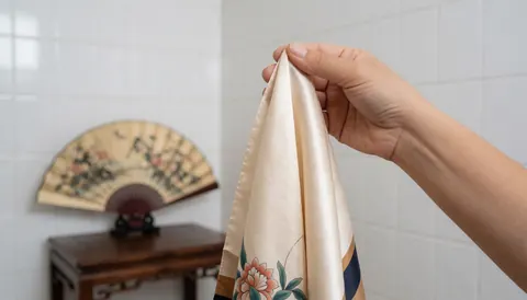 Une main tenant un mouchoir en soie avec un motif floral, sur fond de murs carrelés blancs et d'un éventail décoratif en arrière-plan.