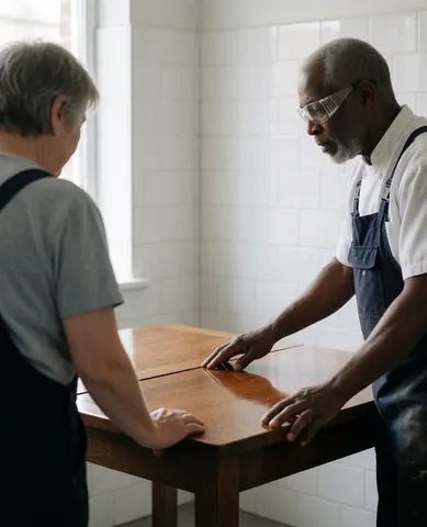Un menuisier portant des lunettes de sécurité explique l'entretien d'une table en bois poli à un client dans un atelier aux murs carrelés de blanc.