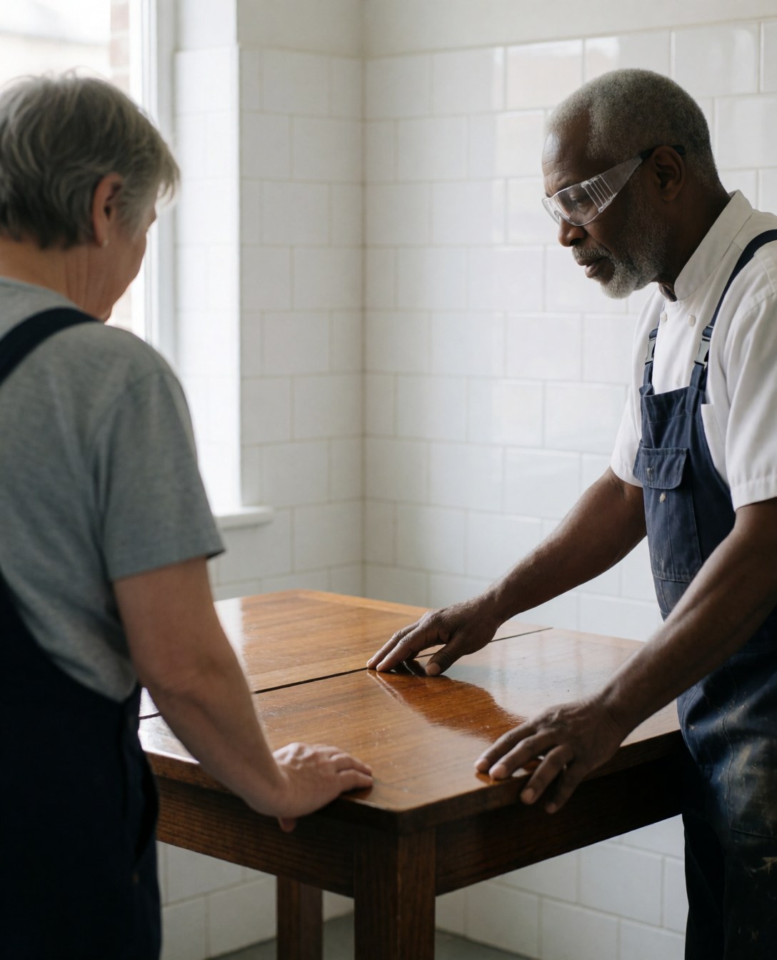 Un menuisier portant des lunettes de sécurité explique l'entretien d'une table en bois poli à un client dans un atelier aux murs carrelés de blanc.