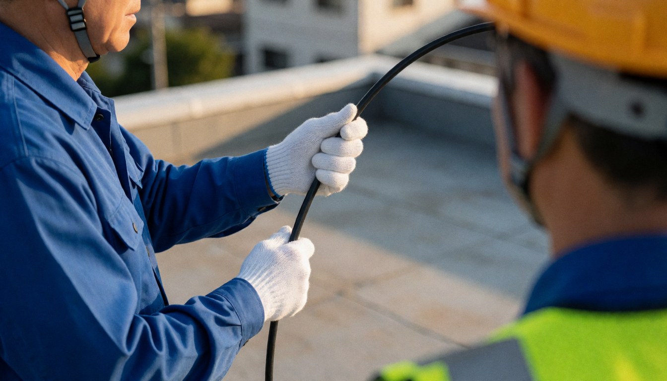 Technicien sur le toit avec casque et gants, installant des antennes sur un bâtiment résidentiel à l'aide d'un câble coaxial.