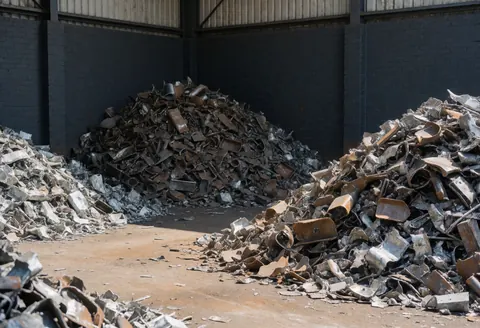 Vue large d'une cour de recyclage avec des montagnes de métal broyé, des murs sombres et un sol en terre sous une lumière solaire intense.
