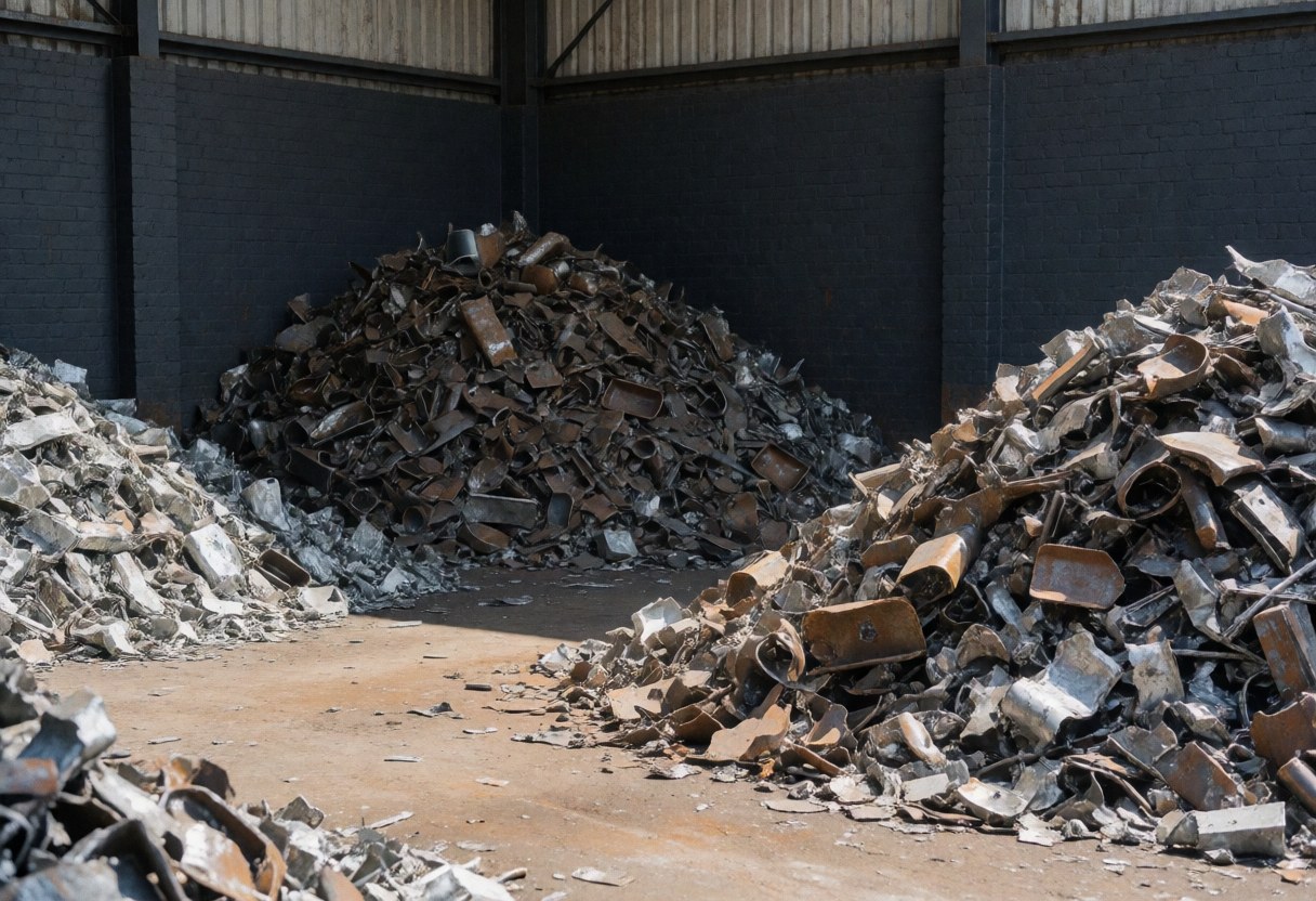 Vue large d'une cour de recyclage avec des montagnes de métal broyé, des murs sombres et un sol en terre sous une lumière solaire intense.