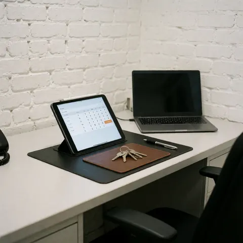 Bureau d'agent automobile avec tablette montrant un simulateur de prêt, clés de voiture sur tapis en cuir, ordinateur portable et mur en briques blanches.