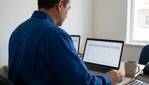 Un technicien en uniforme bleu examine une liste de contrôle sur un ordinateur portable, avec une calculatrice et une tasse de café sur une table propre éclairée par la lumière naturelle.