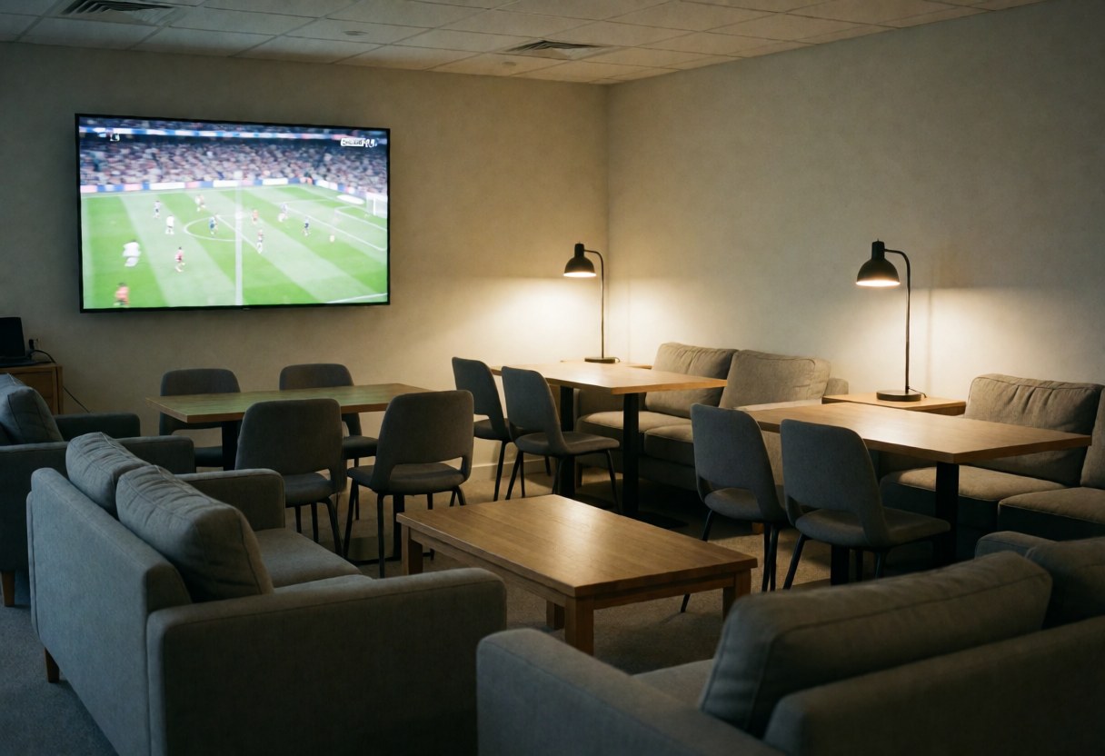 Espace moderne avec canapés gris, tables en bois et grand écran diffusant un match de football, idéal pour un club sportif.