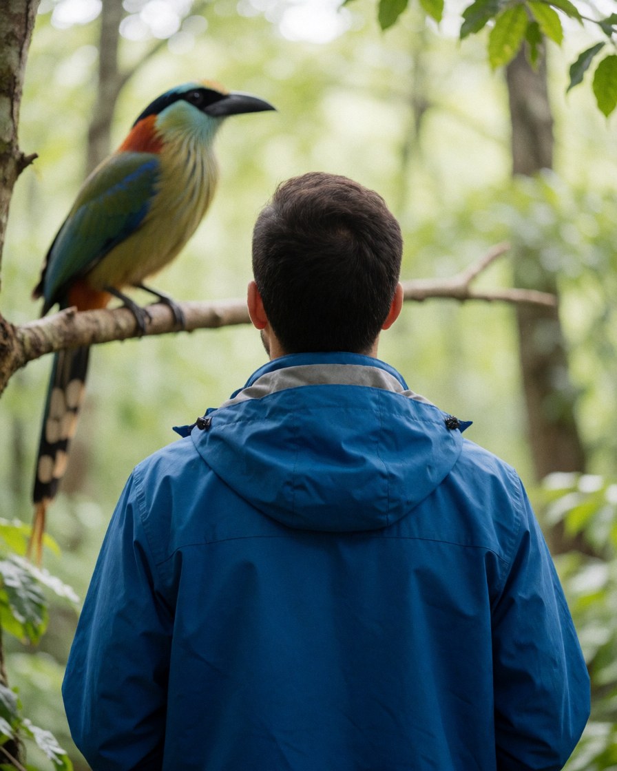 Un homme de dos regarde un oiseau aux couleurs vives perché sur une branche au milieu d'une forêt verdoyante, idéal pour un parc écologique.
