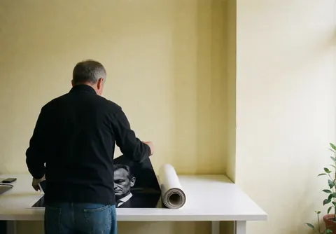 Un photographe professionnel déroule un grand poster noir et blanc sur une table blanche dans un studio aux murs jaunes.