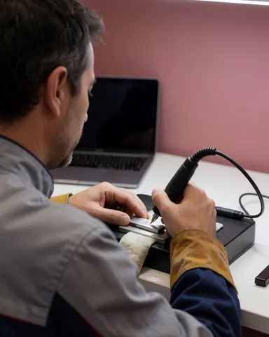 Un graveur professionnel travaille sur une clé USB métallique posée sur une table blanche avec un mur rose en arrière-plan et l'outil de gravure visible.