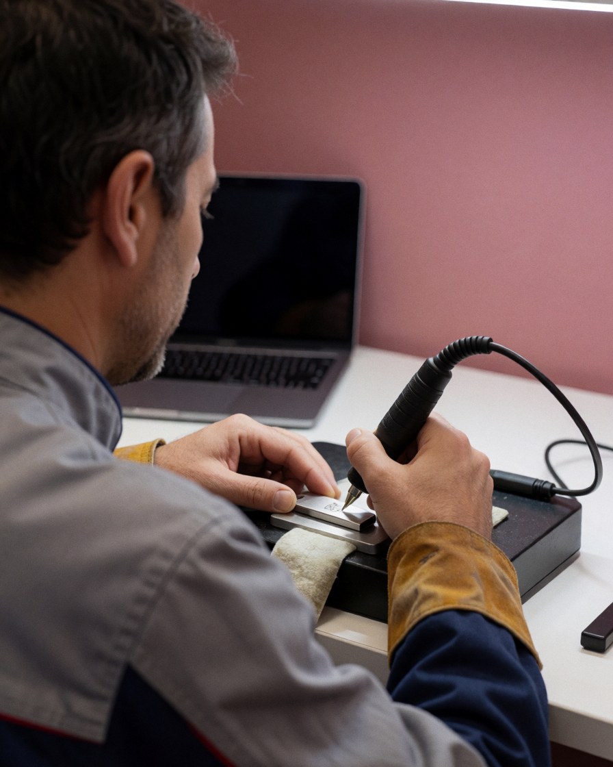 Un graveur professionnel travaille sur une clé USB métallique posée sur une table blanche avec un mur rose en arrière-plan et l'outil de gravure visible.
