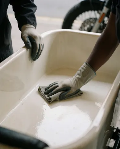 Une main portant un gant nettoie l'intérieur brillant en plastique d'un sidecar de moto, illustrant le service de nettoyage pour les mototaxis.