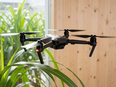 Vue rapprochée d'un drone professionnel avec ses hélices en rotation au-dessus de feuilles vertes de canne à sucre, sur fond de mur en bois clair.